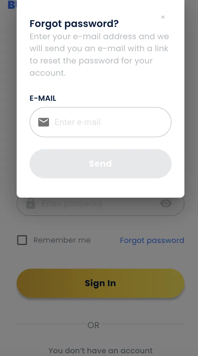 password recovery form on Bubbles bet website